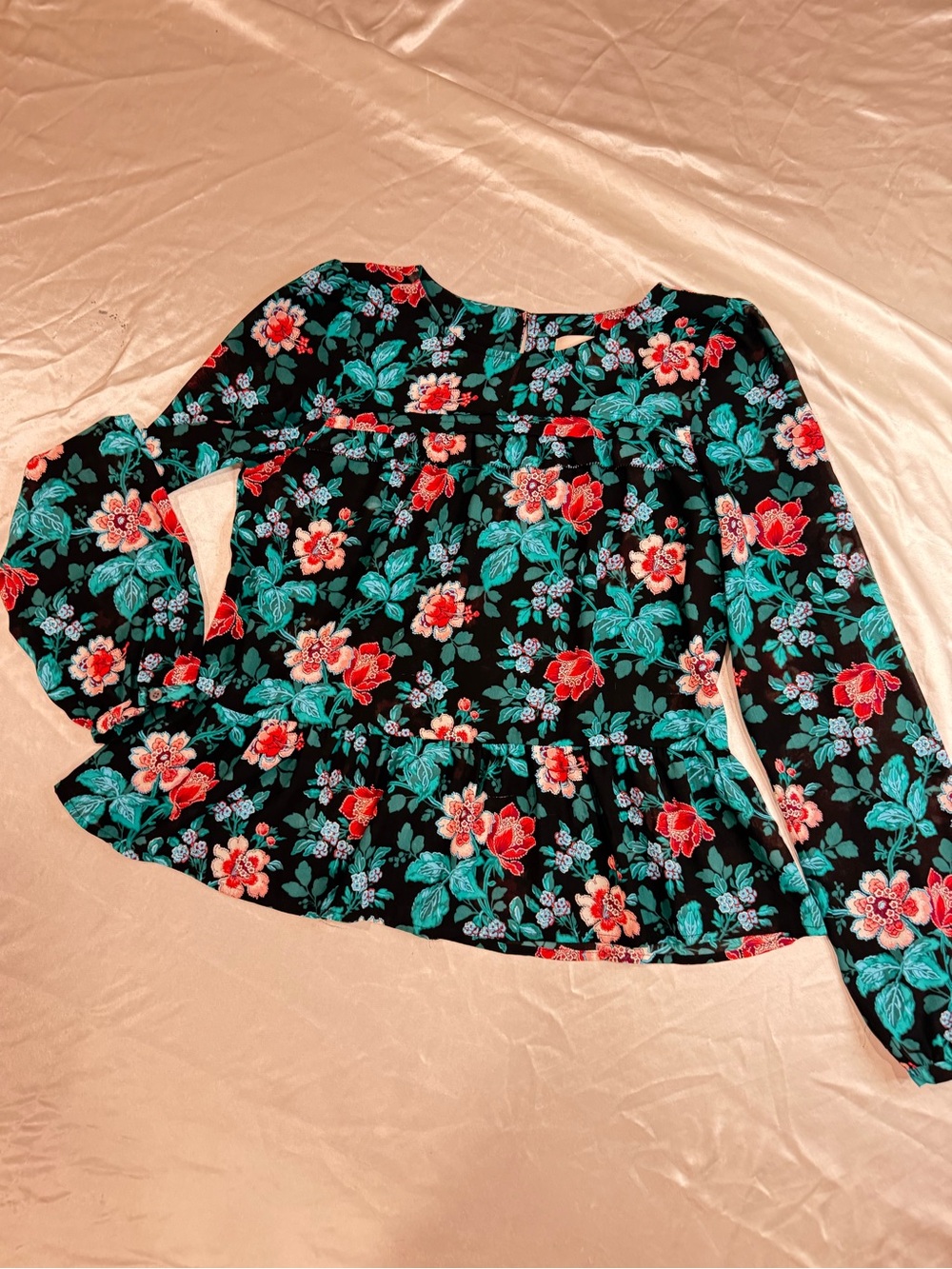 LOFT Black Floral Peplum Blouse with Teal & Red Flowers